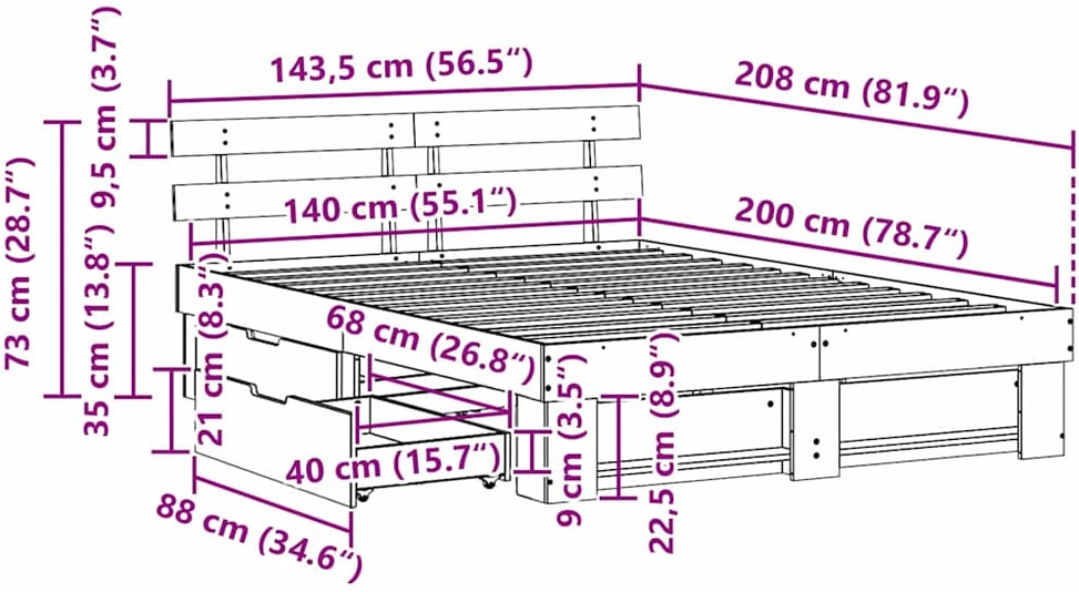 Lovos rėmas su stalčių Balta 140 x 200 cm Kietos pušies mediena