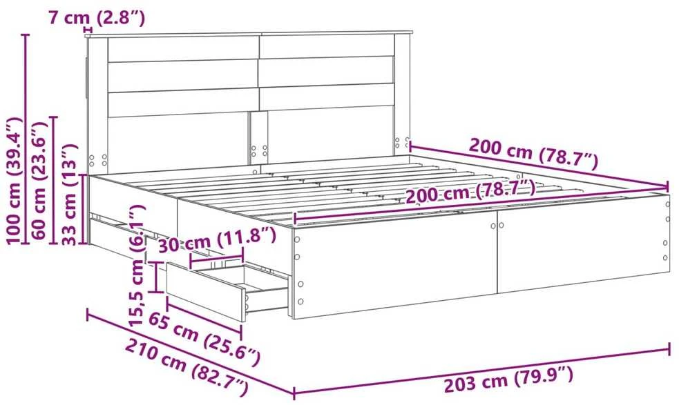 Lovos rėmas su stalčių Balta 200 x 200 cm Inžinerinė mediena
