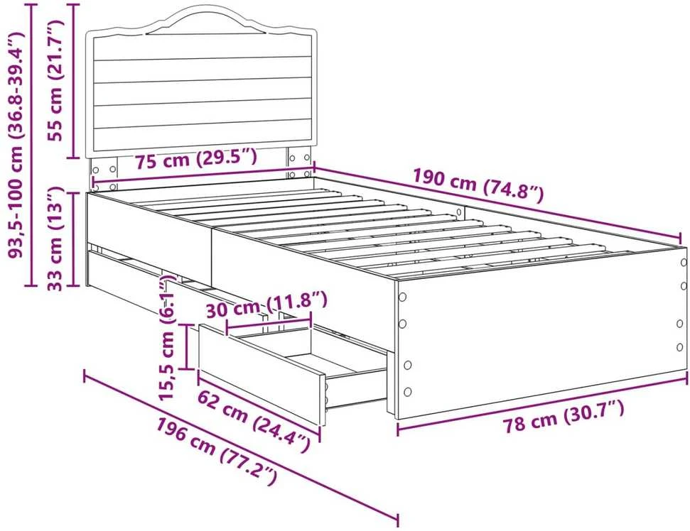 Lova Lovos rėmas su stalčių Baltas 75 x 190 cm Inžinerinė mediena