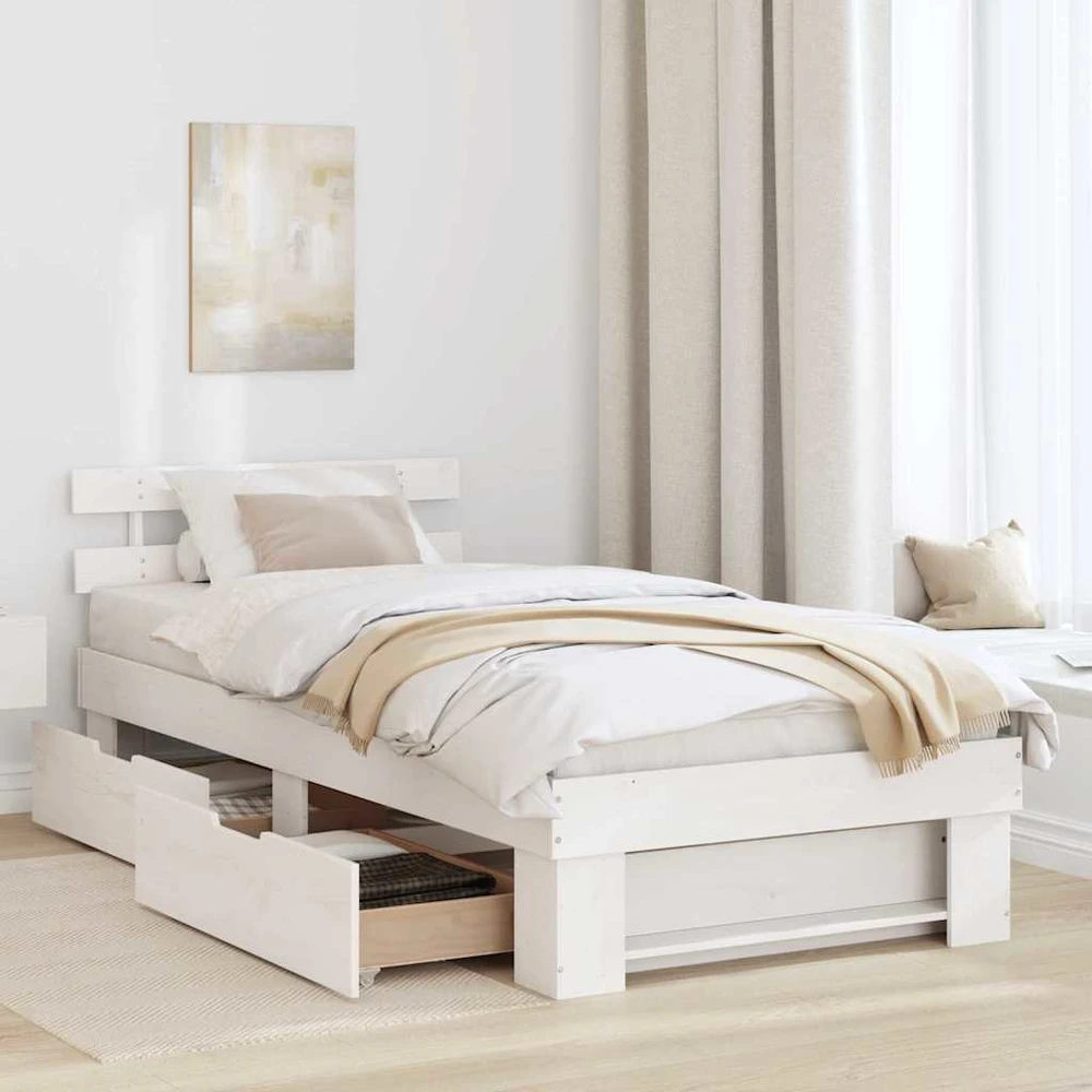 Lova Lovos rėmas su stalčių Balta 90 x 190 cm Kietos pušies mediena
