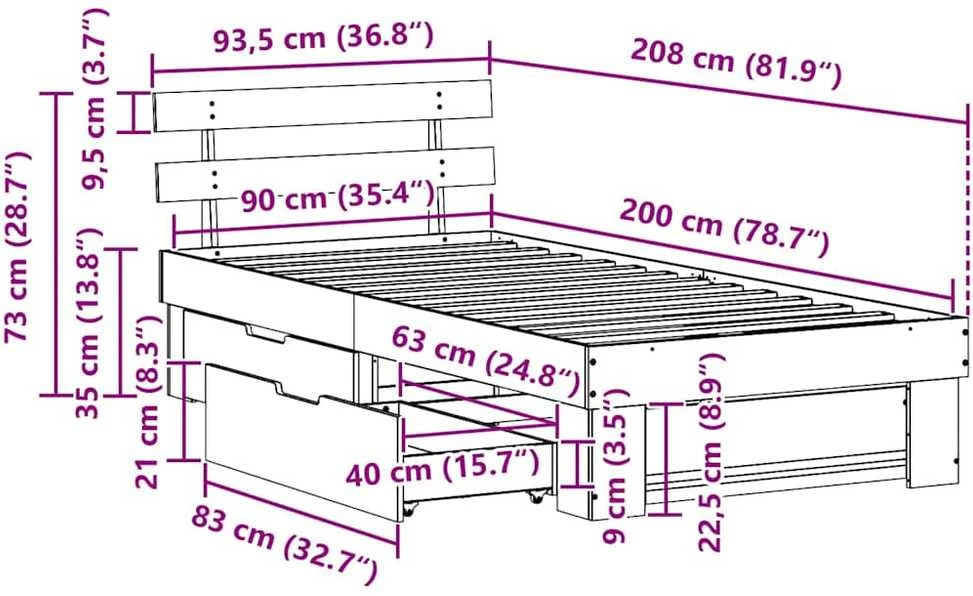 Lova Lovos rėmas su stalčių Balta 90 x 200 cm Kietos pušies mediena