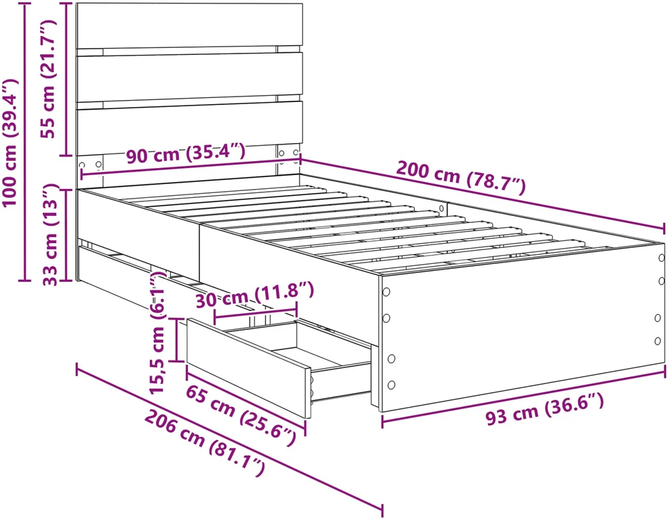 Lova Lovos rėmas su stalčių Balta 90 x 200 cm Inžinerinė mediena