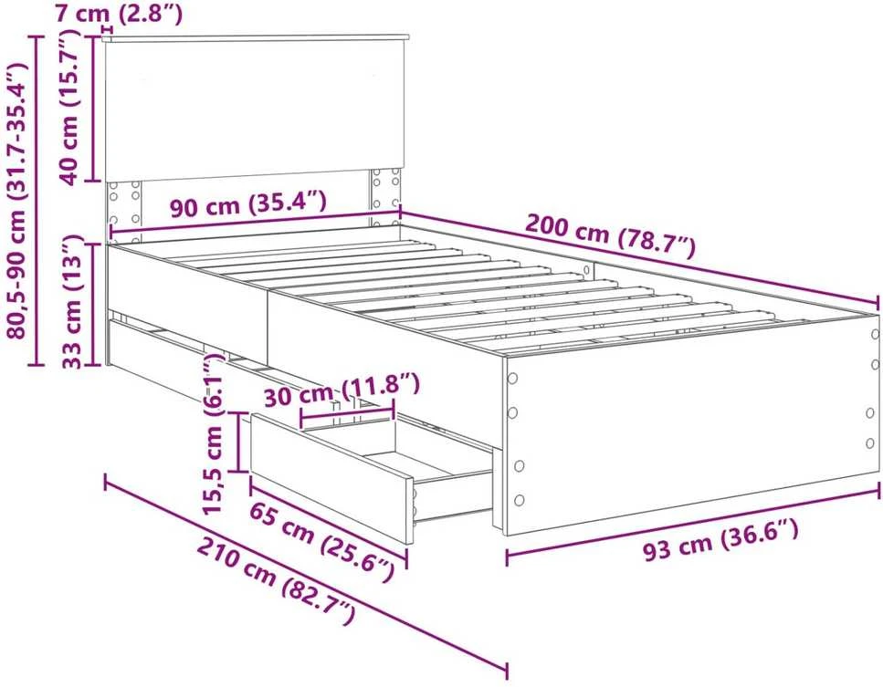Lova Lovos rėmas su stalčių Balta 90 x 200 cm Inžinerinė mediena