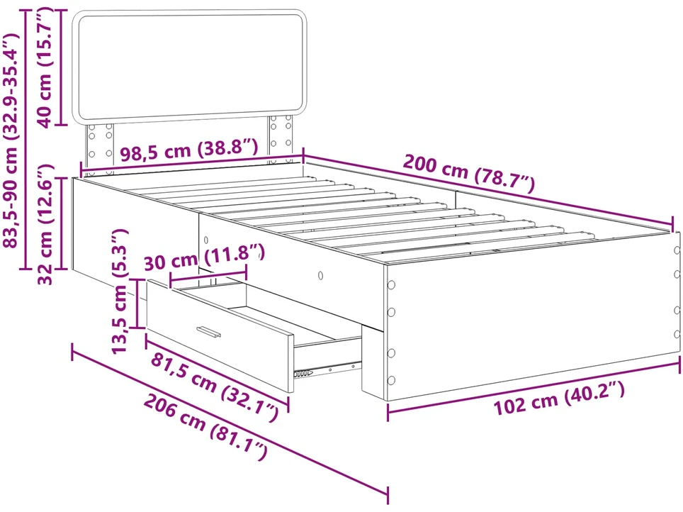 Lova Lovos rėmas su stalčių Juoda 100 x 200 cm Apdirbta mediena