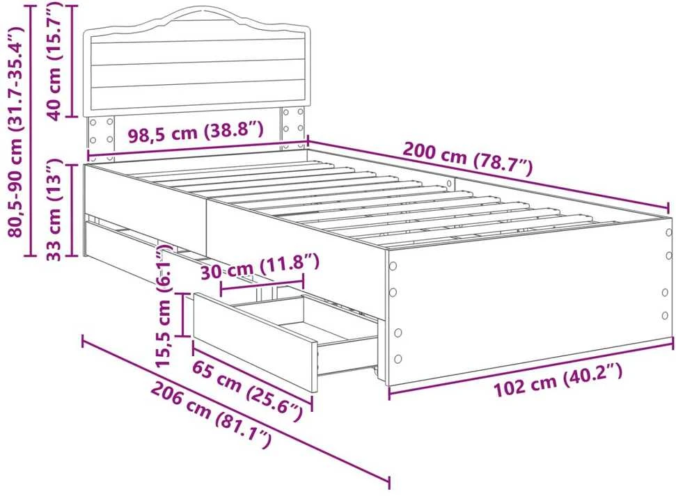 Lova Lovos rėmas su stalčių Juoda 100 x 200 cm Inžinerinė mediena