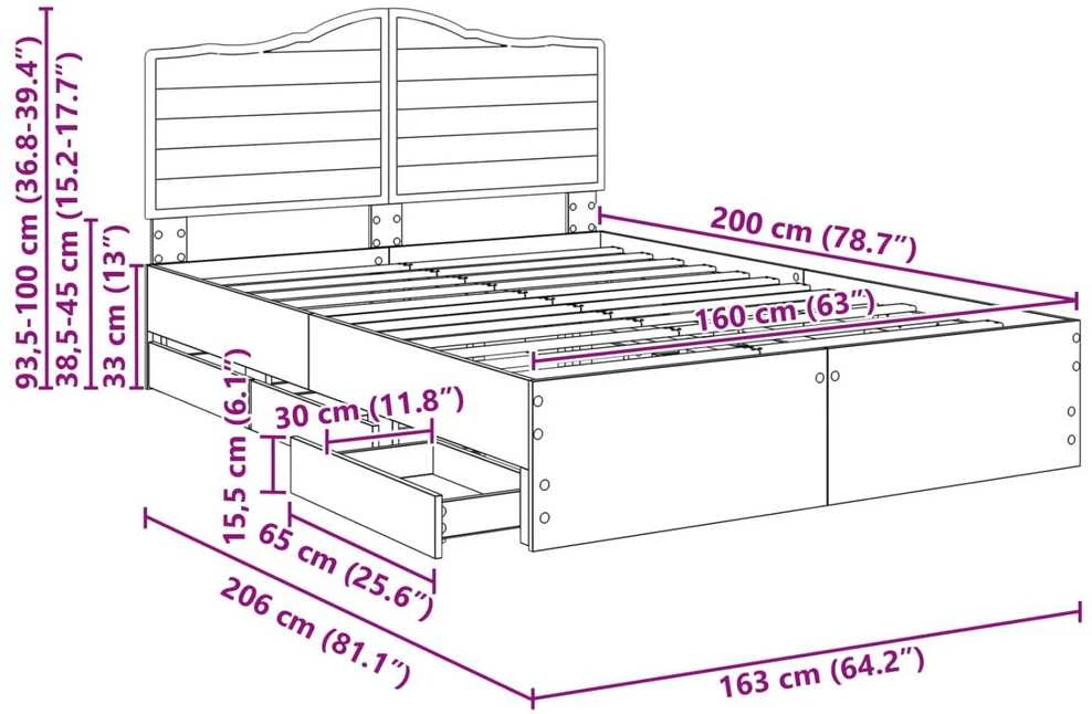 Lovos rėmas su stalčių Juodas 160 x 200 cm Inžinerinė mediena
