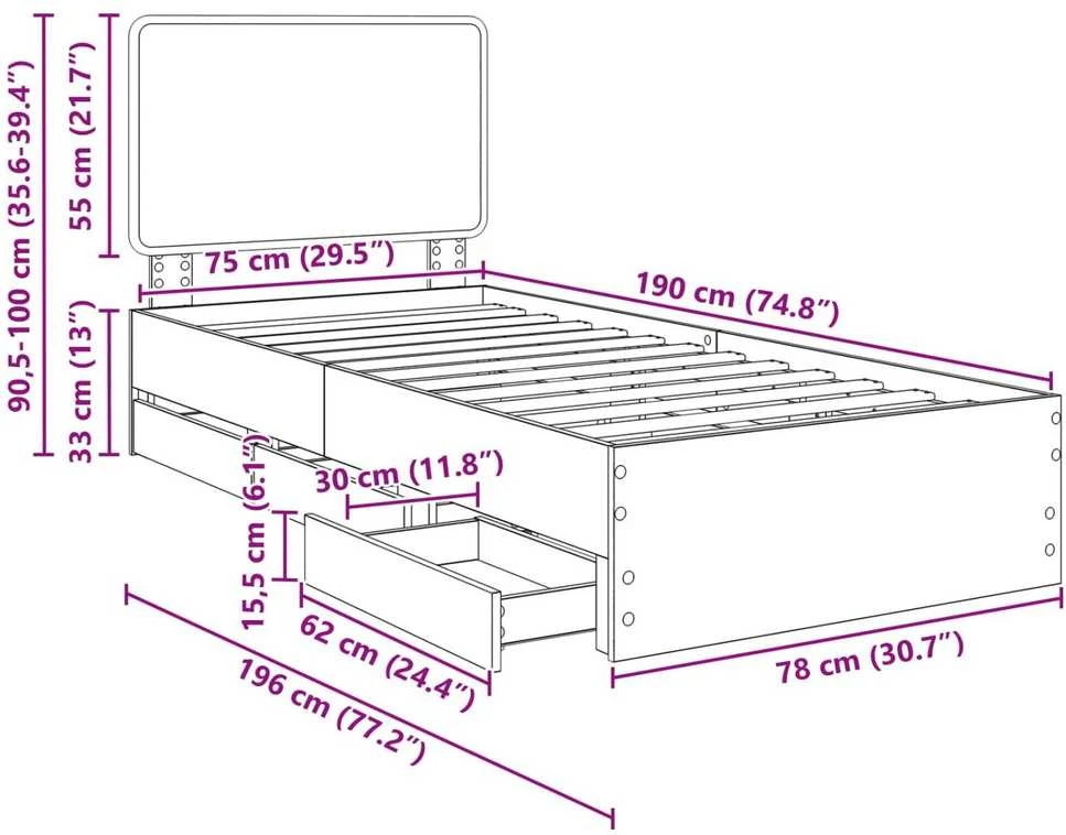 Lova Lovos rėmas su stalčių Juoda 75 x 190 cm Inžinerinė mediena