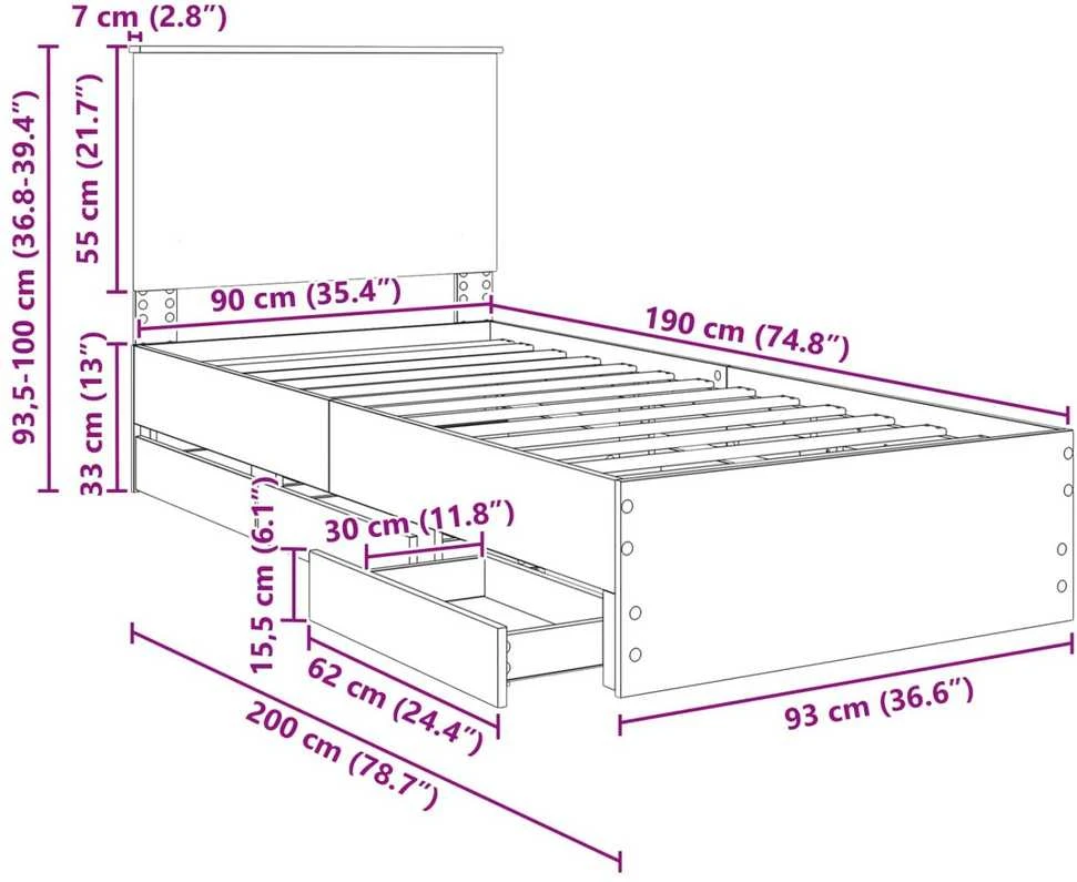 Lova Lovos rėmas su stalčių Juoda 90 x 190 cm Inžinerinė mediena