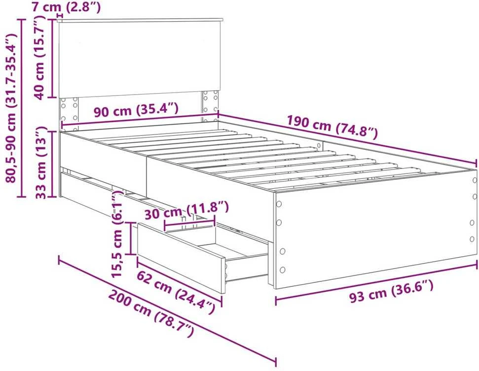 Lova Lovos rėmas su stalčių Juoda 90 x 190 cm Inžinerinė mediena