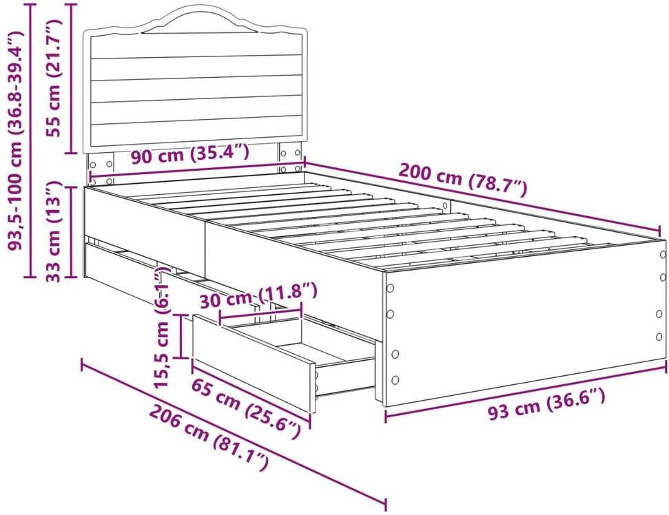 Lova Lovos rėmas su stalčių Juodas 90 x 200 cm Inžinerinė mediena