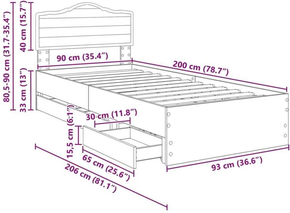 Lova Lovos rėmas su stalčių Juoda 90 x 200 cm Inžinerinė mediena