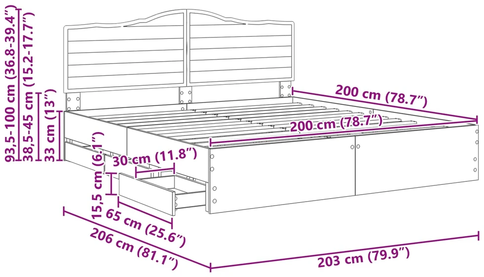 Lovos rėmas su stalčių Juodas 200 x 200 cm Inžinerinė mediena