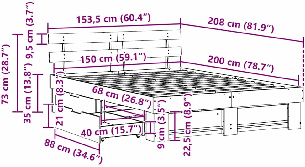 Lovos rėmas su stalčių Ruda 150 x 200 cm Kietos pušies mediena