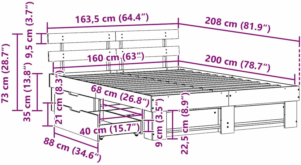 Lovos rėmas su stalčių Ruda 160 x 200 cm Kietos pušies mediena