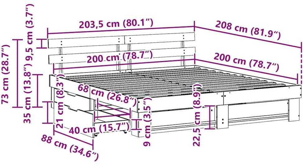 Lovos rėmas su stalčių Ruda 200 x 200 cm Kietos pušies mediena