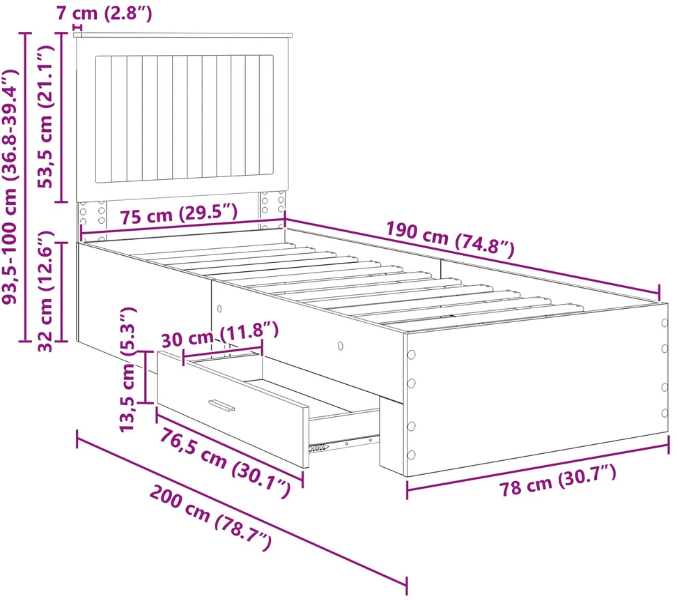 Lova Lovos rėmas su stalčių Rudos ąžuolo ir sidabro 70 x 190 cm