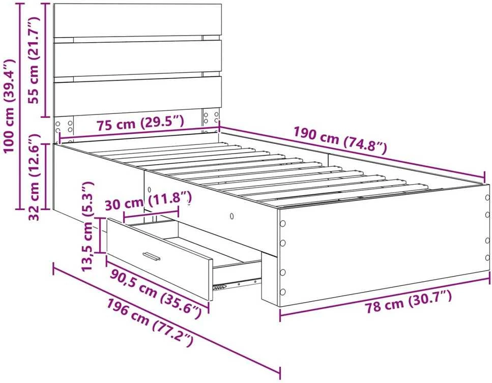 Lova Lovos rėmas su stalčių Sonamos ąžuolo ir sidabro 75 x 190 cm