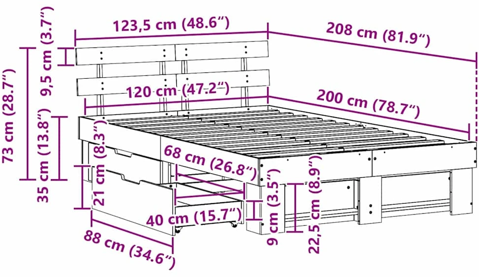 Lova Lovos rėmas Vaško ruda 120 x 200 cm Kietos pušies mediena