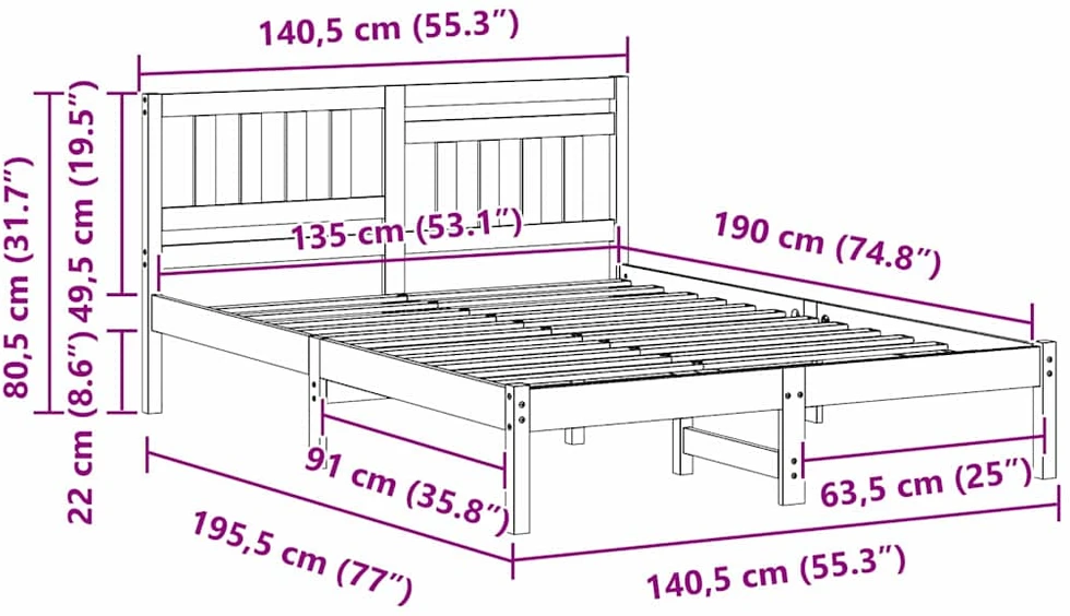 Lova Lovos rėmas Vaško ruda 135 x 190 cm Pušies masyvas
