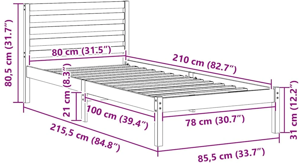 Lova Lovos rėmas Vaško ruda 80 x 210 cm Kietos pušies mediena