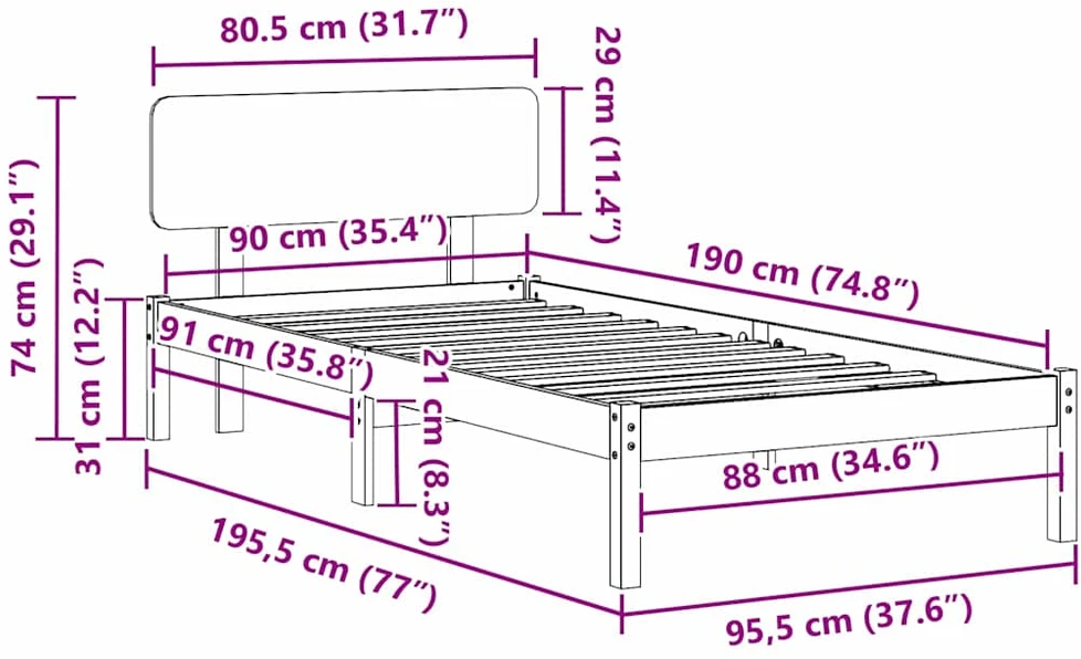 Lovos rėmas Vaško ruda 90 x 190 cm Kietos pušies mediena