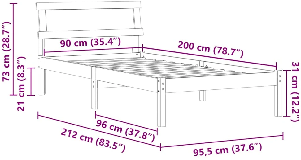 Lova Lovos rėmas Vaško ruda 90 x 200 cm Kietos pušies mediena