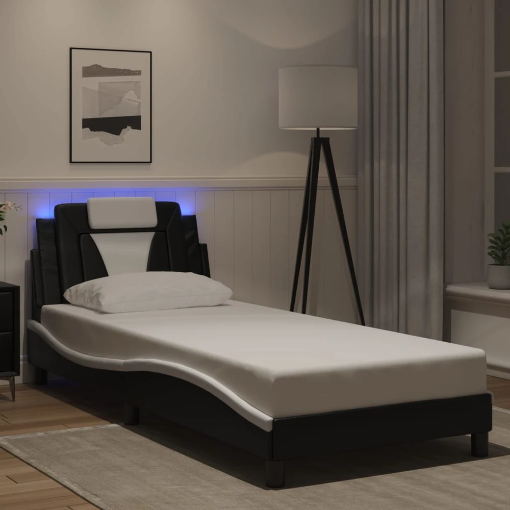 Lovos rėmas su LED, juodas ir baltas, 90x190cm, dirbtinė oda