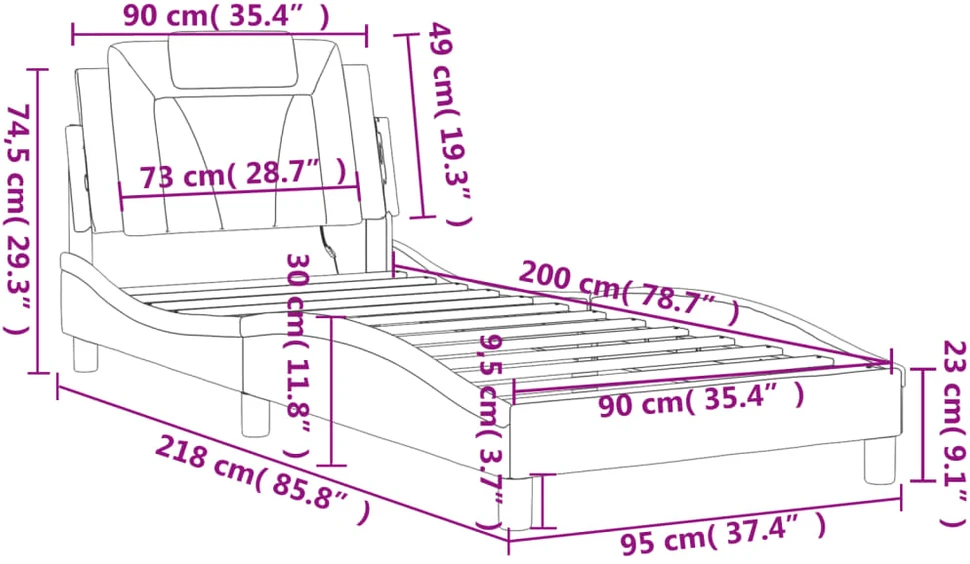 Lovos rėmas su LED, baltas ir juodas, 90x200cm, dirbtinė oda
