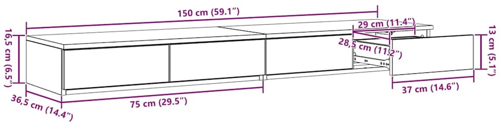 Lovos stalčiai Pilkas Sonoma 150 x 36,5 x 16,5 cm