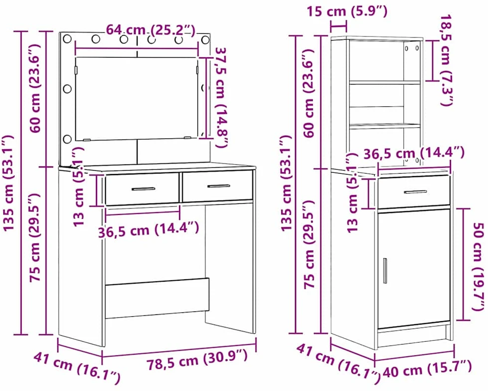 Makiažo stalas 2 vnt. Pilka 78,5 x 41 x 135 cm Apdirbta mediena