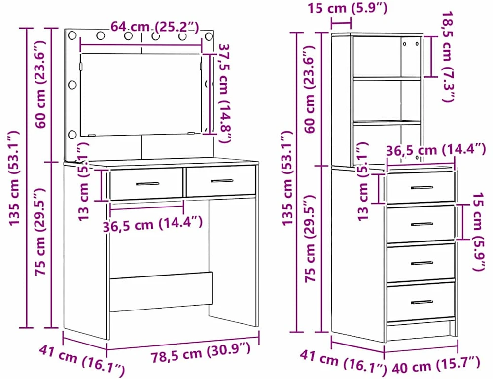 Makiažo stalas 2 vnt. Ruda 78.5 x 41 x 135 cm Apdirbta mediena