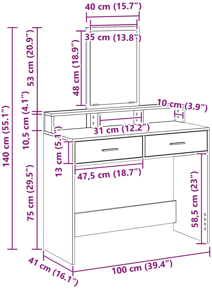 Makiažo stalas Betono pilka 100 x 41 x 140 cm Apdirbta mediena