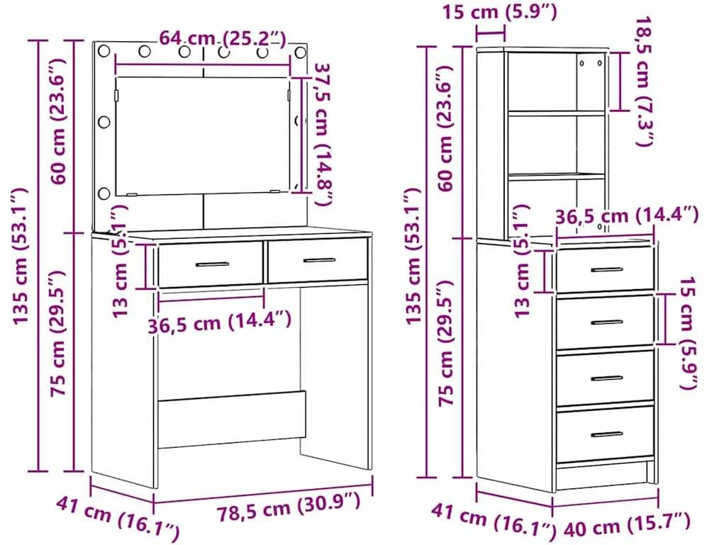 Makiažo stalas 2 vnt. Ruda 78.5 x 41 x 135 cm Apdirbta mediena