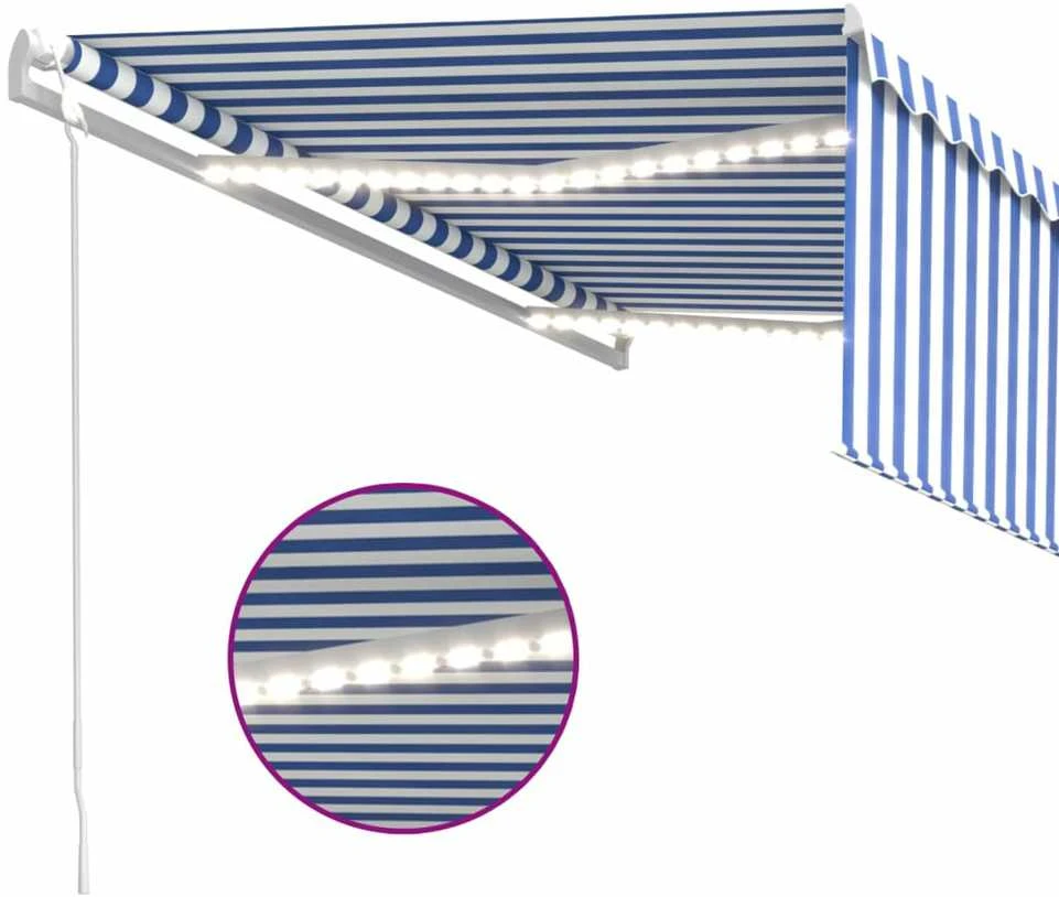 Markizė su uždanga/LED/vėjo jutikliu, mėlyna/balta, 4,5x3m