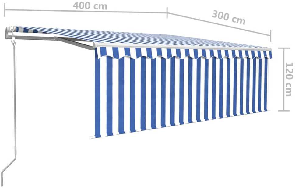 Markizė su uždanga/LED/vėjo jutikliu, mėlyna/balta, 4x3m
