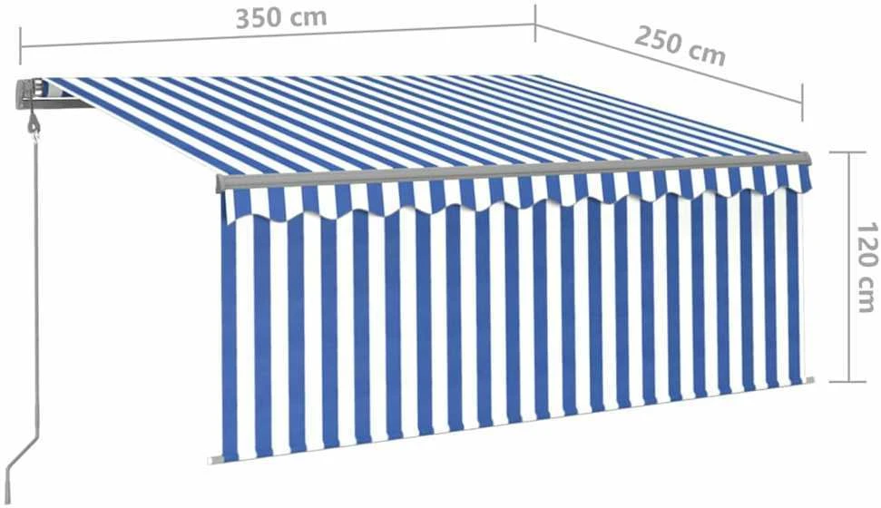 Markizė su uždanga/LED/vėjo jutikliu, mėlyna/balta, 3,5x2,5m