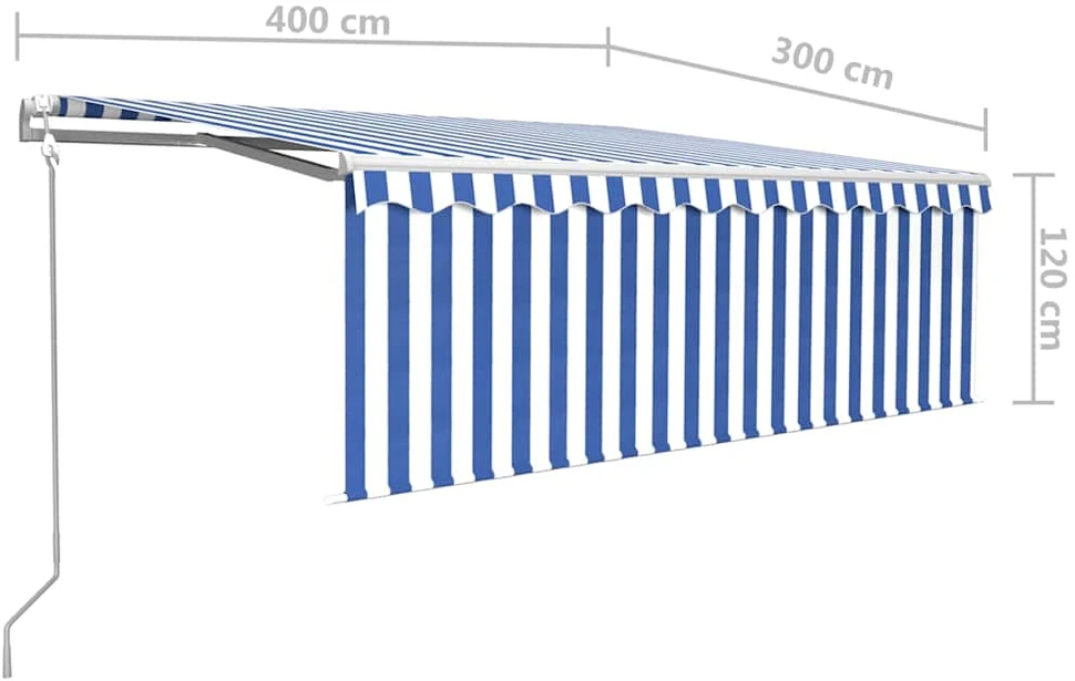 Markizė su uždanga/LED/vėjo jutikliu, mėlyna/balta, 4x3m