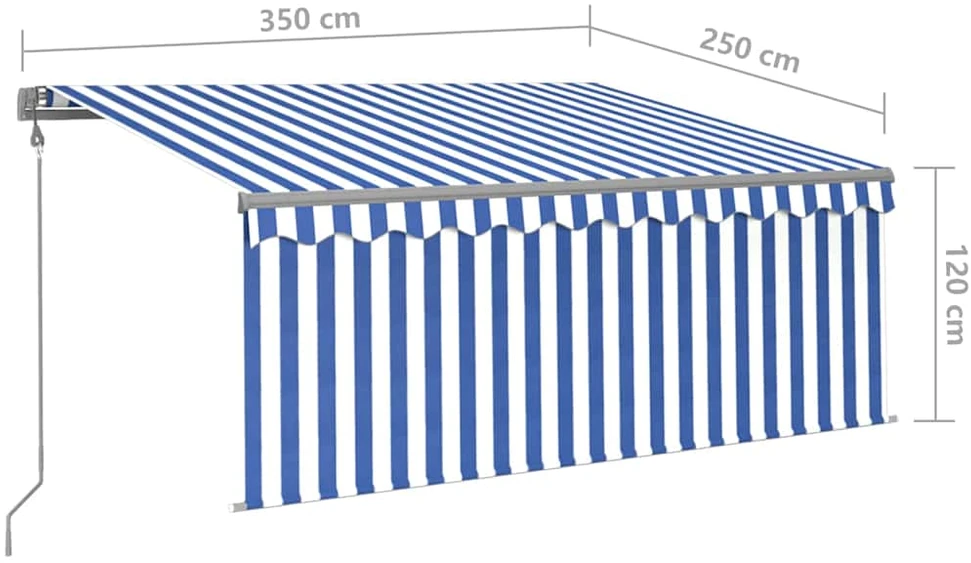 Markizė su uždanga/LED/vėjo jutikliu, mėlyna/balta, 3,5x2,5m