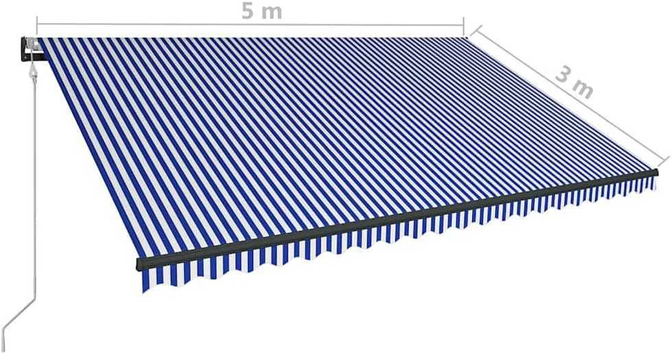 Markizė su vėjo jutikliu ir LED, mėlyna ir balta, 500x300cm