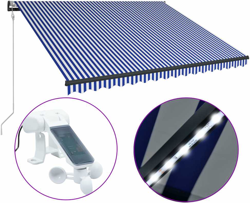 Markizė su vėjo jutikliu ir LED, mėlyna ir balta, 300x250cm