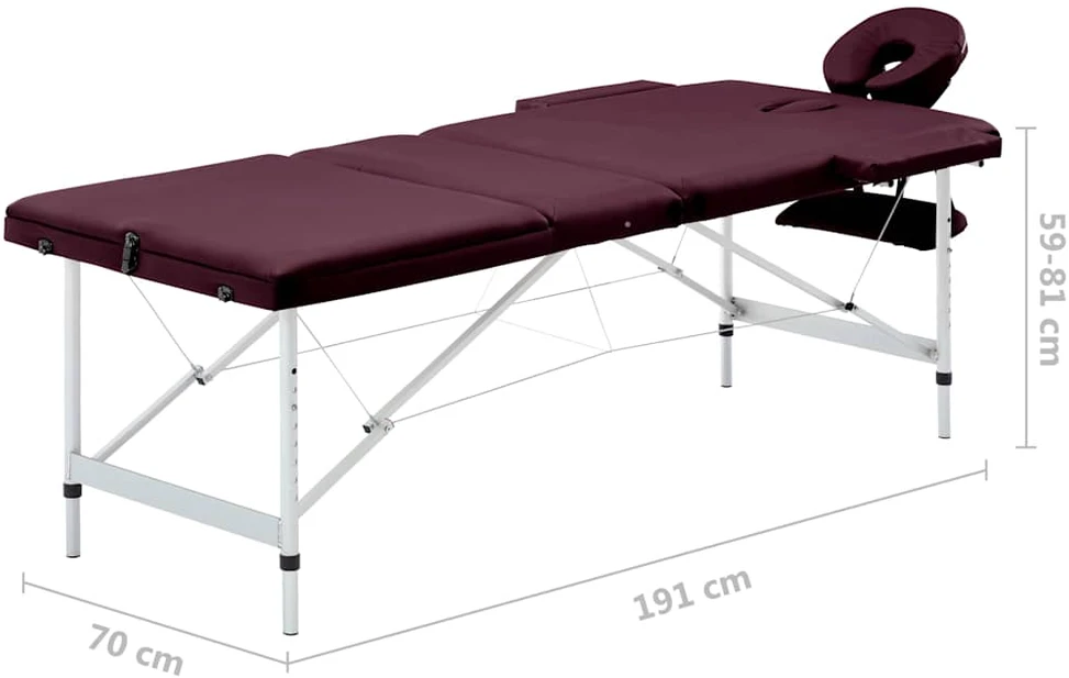 Masažinis stalas, vyno violetinis, aliuminis, 3 zonų
