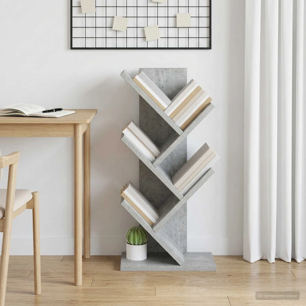 Medinis 4-juos aukštų knygų stovas 30 x 18 x 60 cm Betono pilka