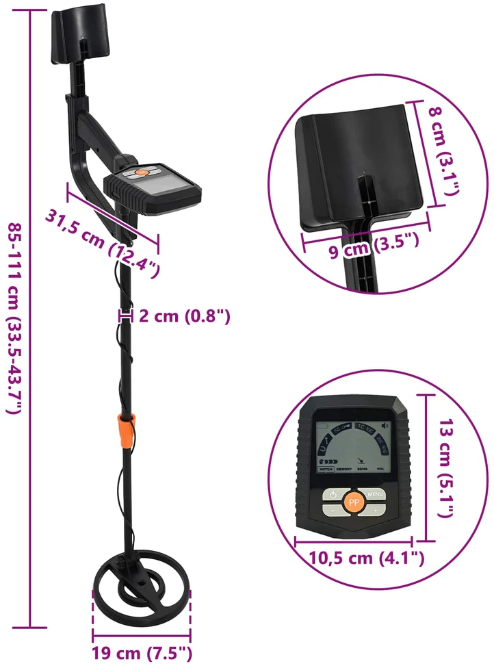 Metalo detektorius su LCD ekranu 3 modeliai 19 cm ritė Juoda