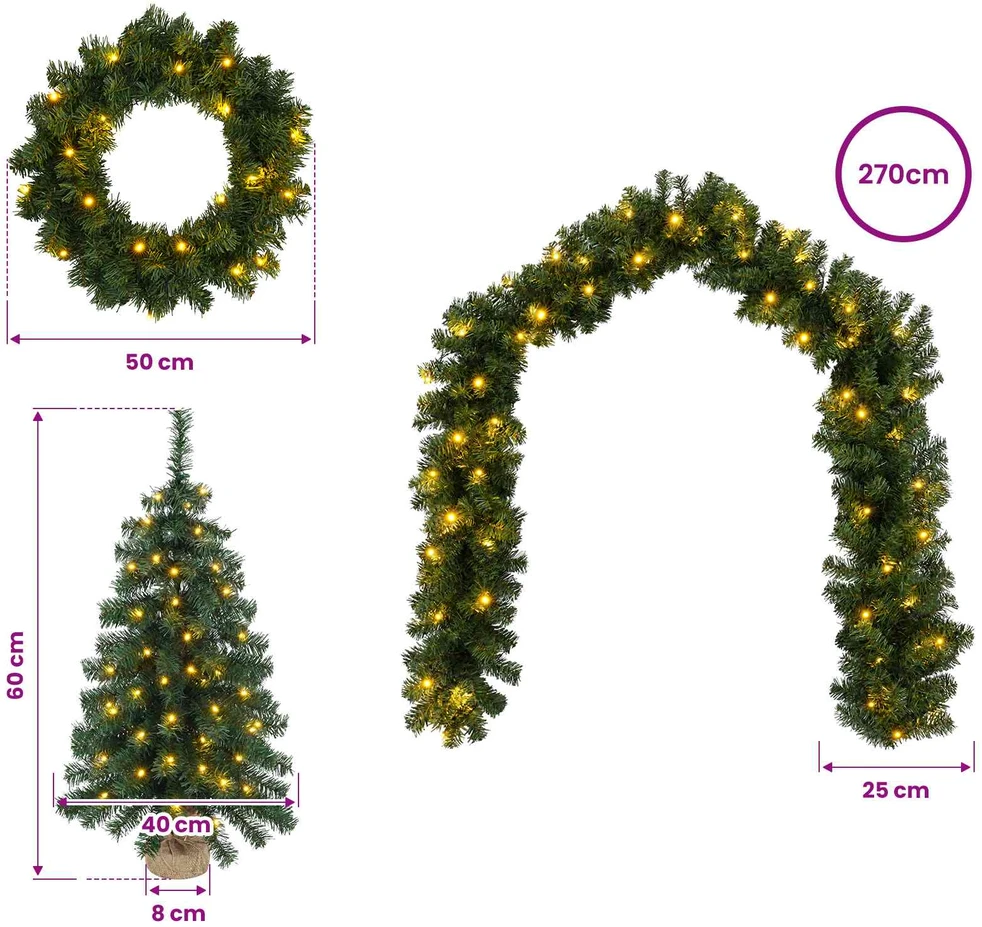Mini kalėdinių eglučių rinkinys 60 cm 125 LED Šilta balta PVC
