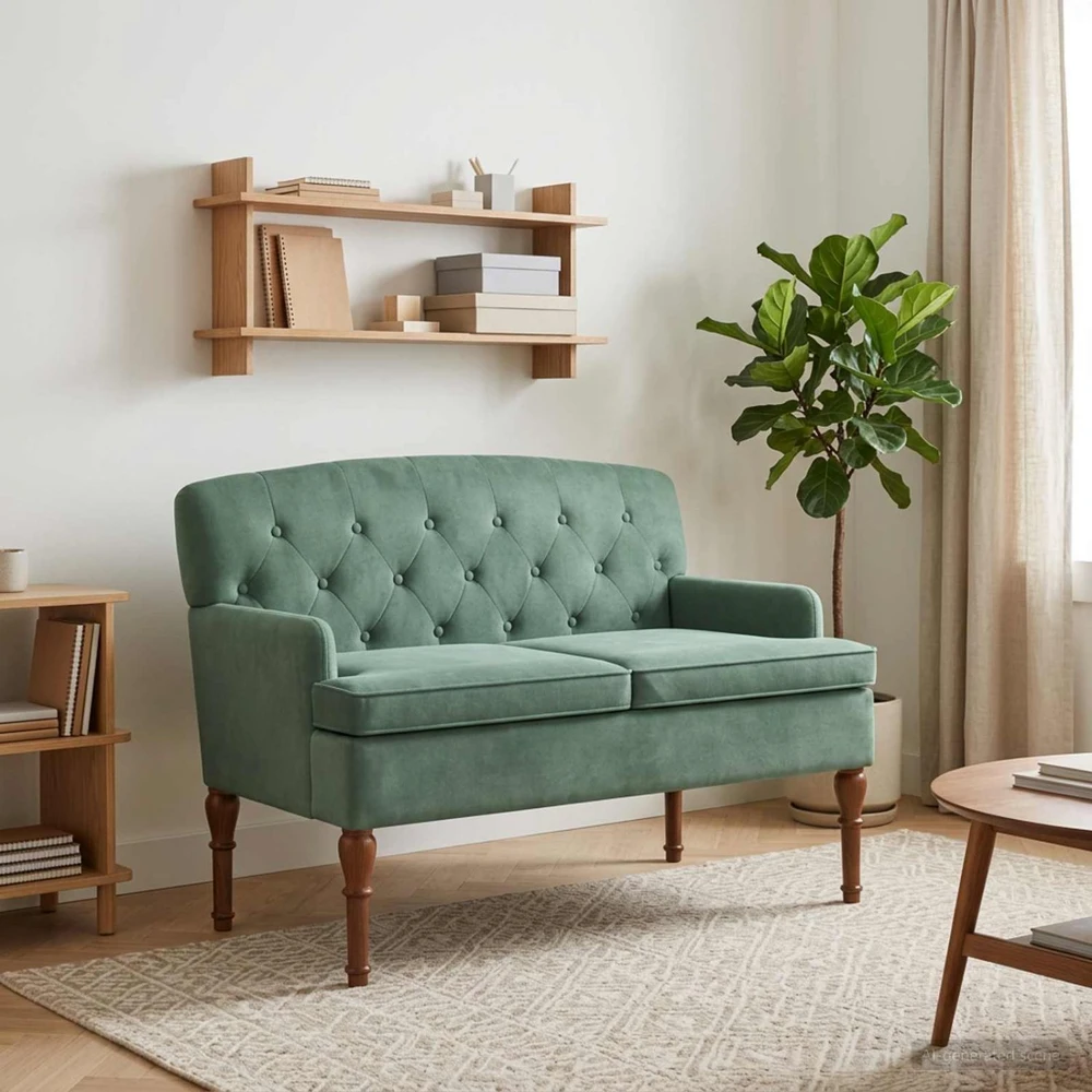 Sofa Minkštas kampas su mygtukų apmušalais Jūrinė žalia Aksomas