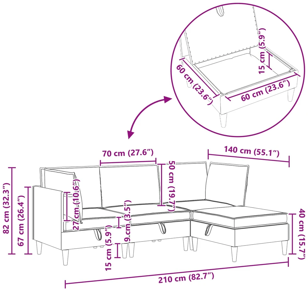 Modulinė sofa su laikymo vieta 3 vnt. Tamsiai pilka
