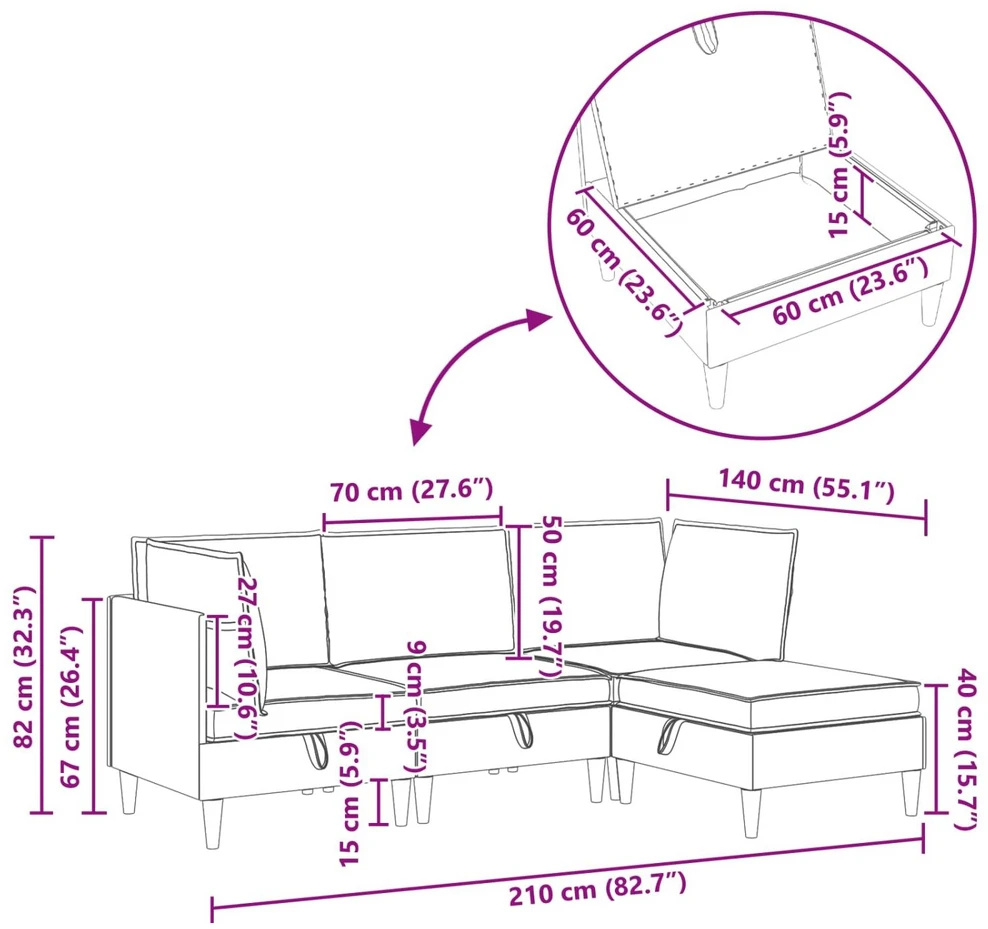 Modulinė sofa su laikymo vieta 4 vnt. Vyno raudona Audinys