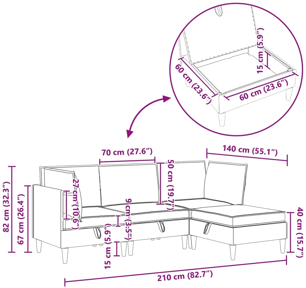 Modulinė sofa su laikymo vieta 4 vnt. Balta Audinys