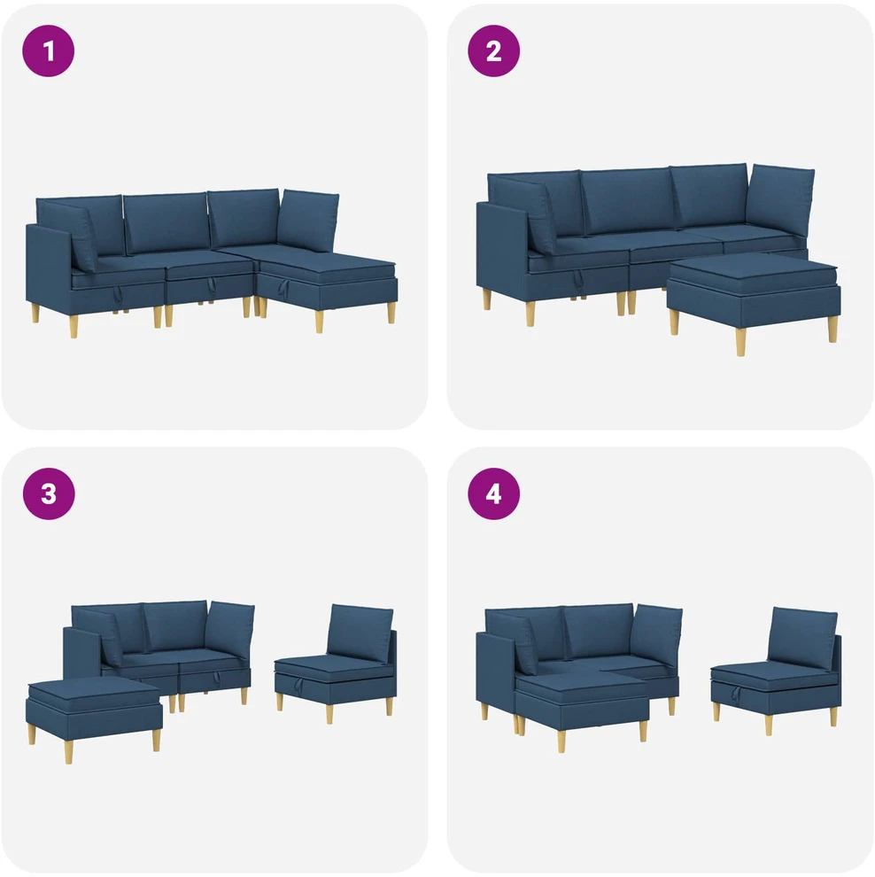 Modulinė sofa su laikymo vieta 4 vnt. Mėlyna Audinys
