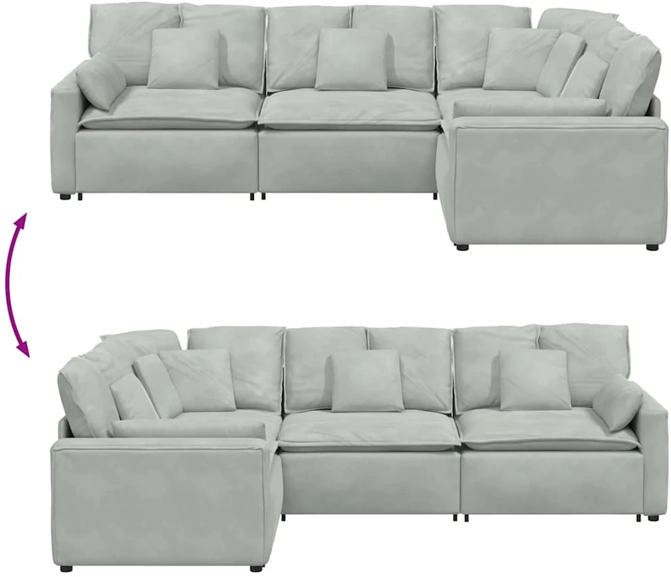 Modulinė sofa su pagalvėlėmis, aksominė, šviesiai pilka